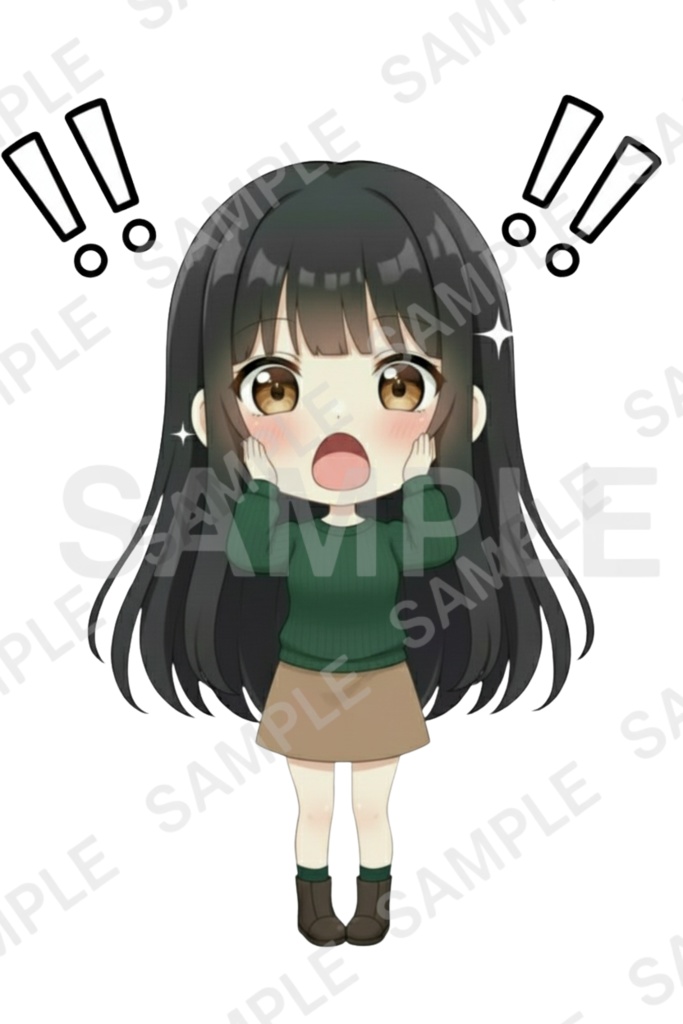 「黒髪ロング少女 透過PNG素材」通常頭身&デフォルメ エモーションパック(通常頭身10種/デフォルメ10種)