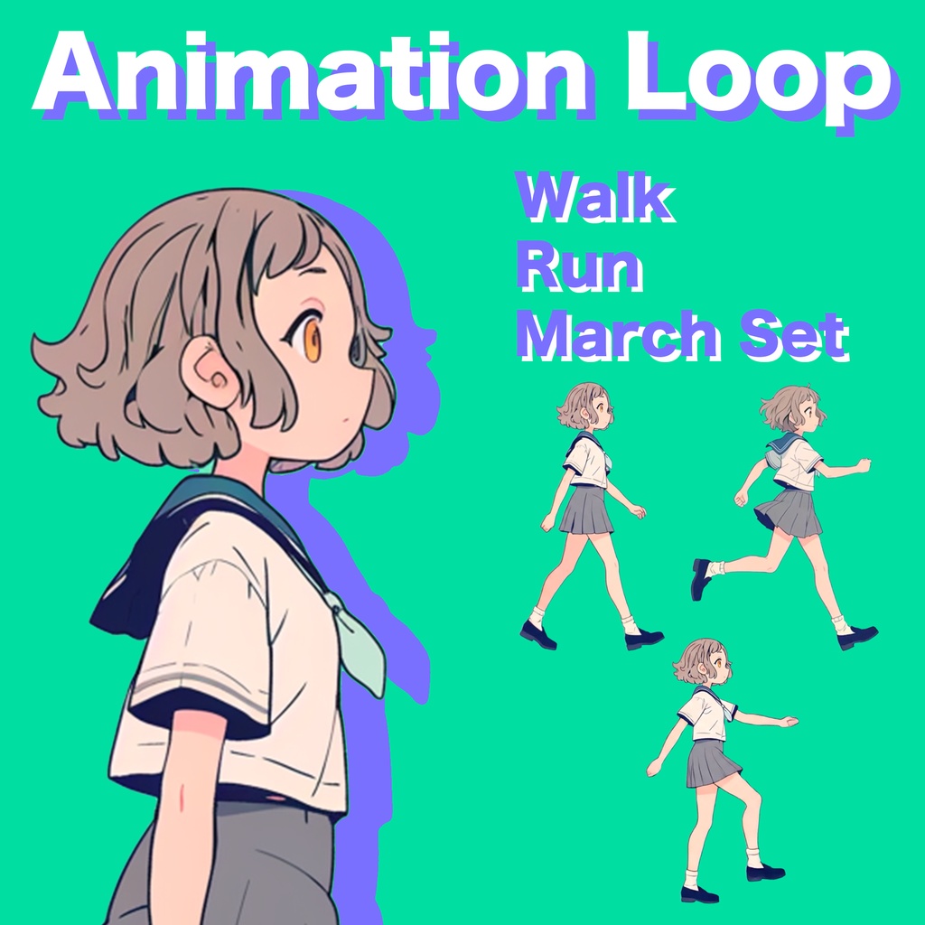 AIアニメーション素材|少女A ショートヘア セーラー服 歩く・走る・行進(3点/ループ)・AI Animation Asset|Girl A Short Hair Sailor Uniform / Walk / Run / March – 3 Animation Set (Loop)
