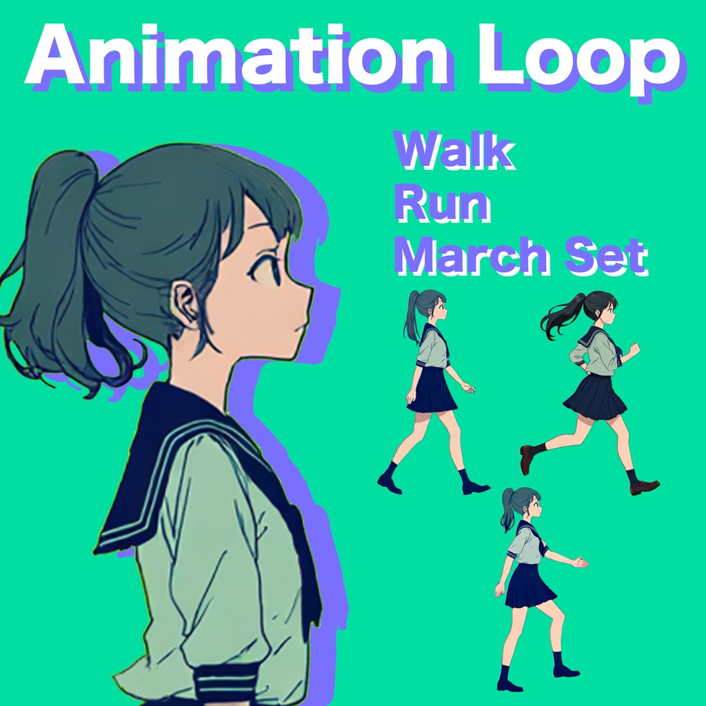 AIアニメーション素材|少女B ポニーテール セーラー服 歩く・走る・行進(3点/ループ)・AI Animation Asset|Girl B Ponytail Sailor Uniform / Walk / Run / March – 3 Animation Set (Loop)