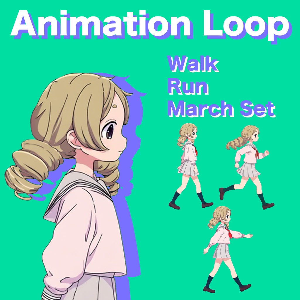 AIアニメーション素材｜少女C ツインテール セーラー服 歩く・走る・行進（3点／ループ）・AI Animation Asset｜Girl C Twin-Tails Sailor Uniform / Walk / Run / March – 3 Animation Set (Loop)