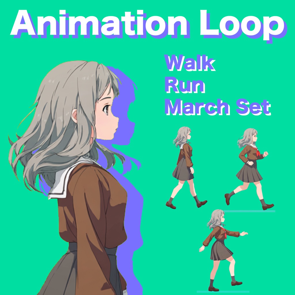 AIアニメーション素材|少女D ロングヘア セーラー服 歩く・走る・行進(3点/ループ)・AI Animation Asset|Girl D Long Hare Sailor Uniform / Walk / Run / March – 3 Animation Set (Loop)
