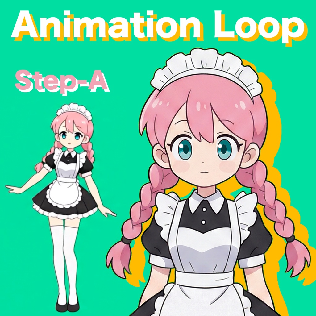 AIアニメーション素材|少女E 三つ編み メイド ステップA|AI Animation Asse|Girl E Pigtail braids Maid Step-A Animation Loop
