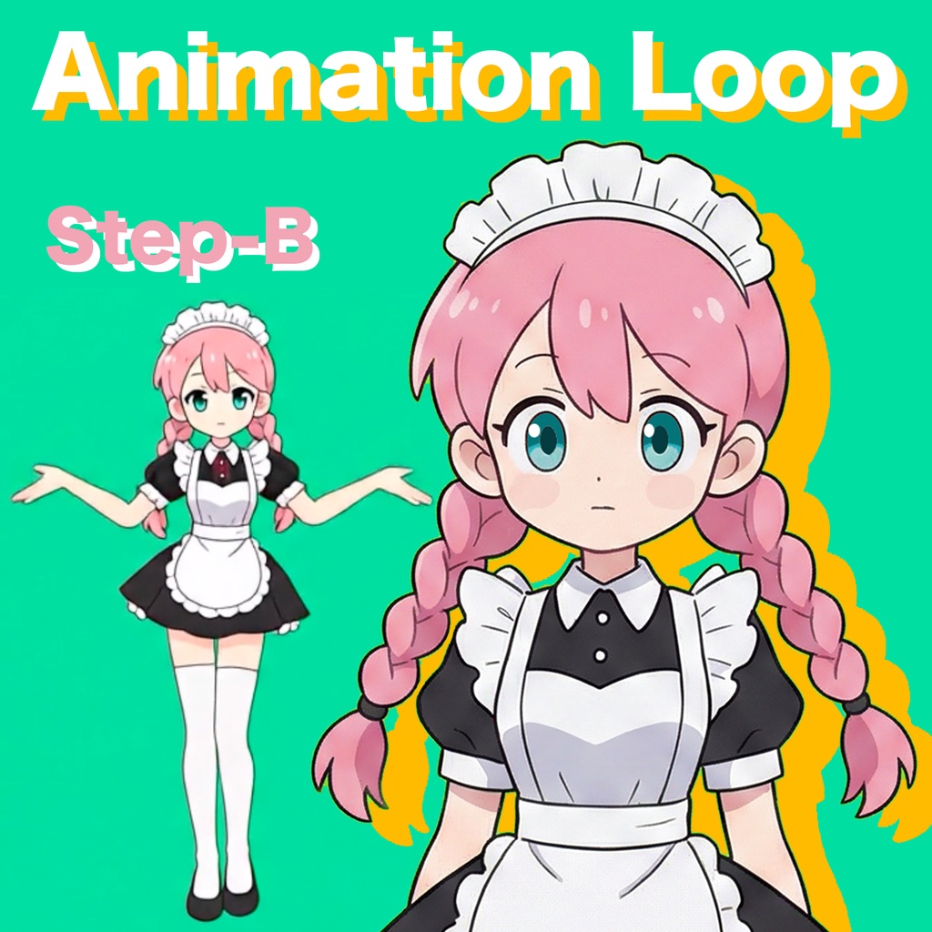 AIアニメーション素材|少女E 三つ編み メイド ステップB|AI Animation Asset|Girl E Pigtail braids Maid Step-B Animation Loop