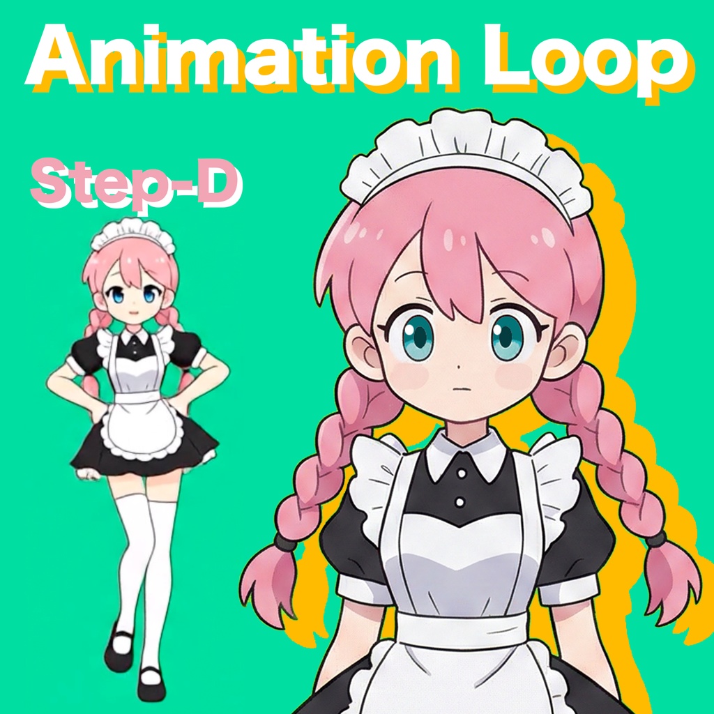 AIアニメーション素材｜少女E 三つ編み メイド ステップD｜AI Animation Asset｜Girl E Pigtail braids Maid Step-D Animation Loop