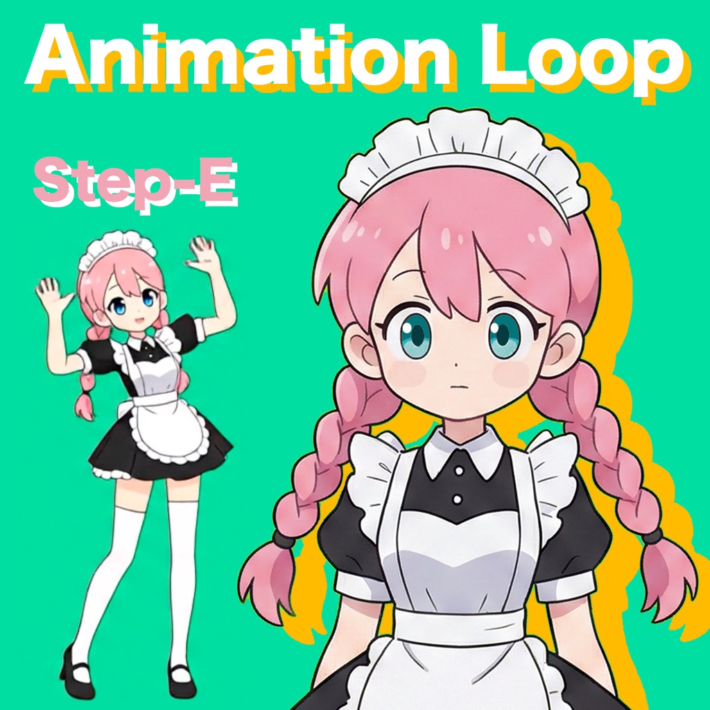 AIアニメーション素材｜少女E 三つ編み メイド ステップE｜AI Animation Asset｜Girl E Pigtail braids Maid Step-E Animation Loop