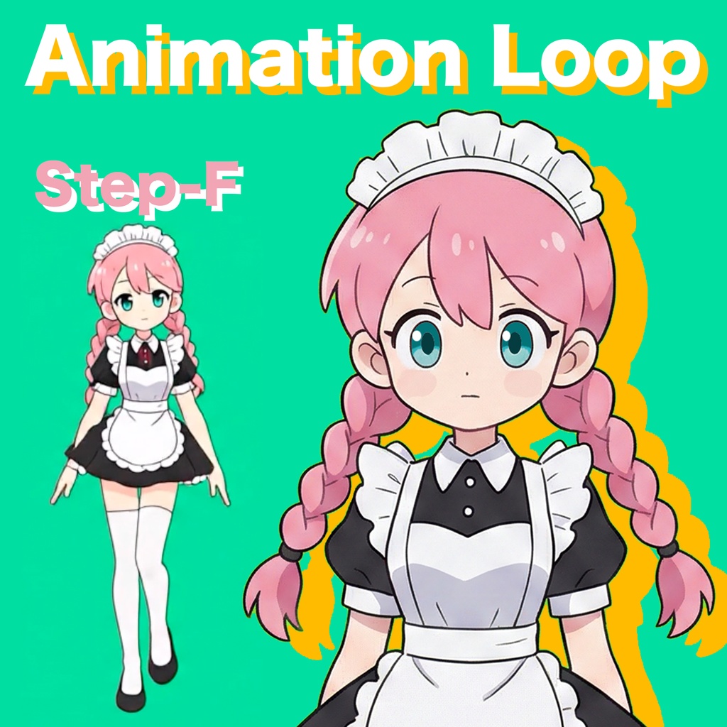 AIアニメーション素材|少女E 三つ編み メイド ステップF|AI Animation Asset|Girl E Pigtail braids Maid Step-F Animation Loop