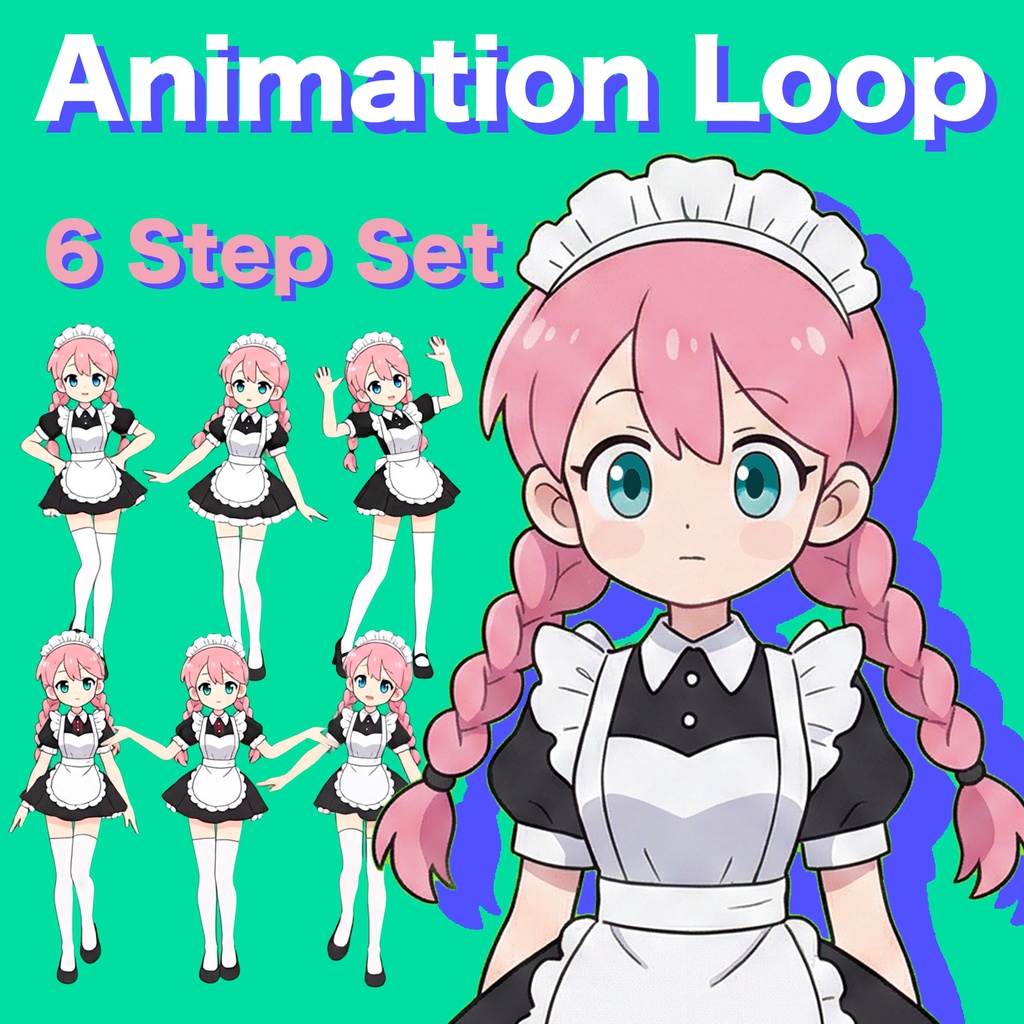 AIアニメーション素材|少女E 三つ編み メイド ステップ 6点セット(ループ)|AI Animation Asset | Girl E Braids Maid Step 6-Animation Set (Loop)