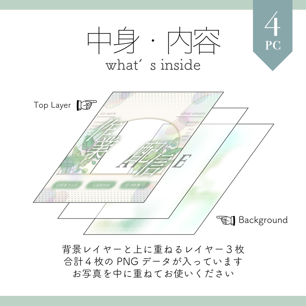 【IRIAM サムネイル 素材】4点セット 重ねるだけ 雑談・歌枠・作業配信用 爽やかなグリーンのサムネイル素材【Vtuber Asset】