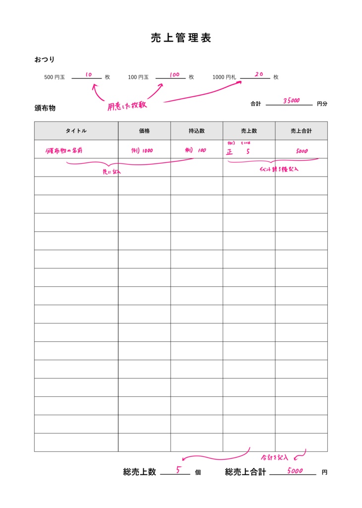 【簡単記入】イベント当日用売上管理表