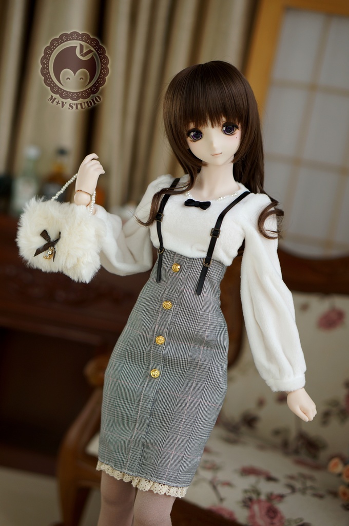 DDS、DD (S/M/L/L寄せ胸)チェック柄のサロペットおしゃれ服3点セット★ブラック