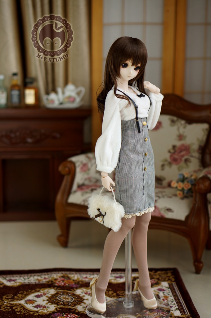 DDS、DD (S/M/L/L寄せ胸)チェック柄のサロペットおしゃれ服3点セット★ブラック