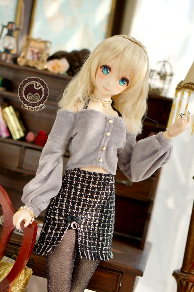 DD (S/M/L胸)、オフショルトップスとセクシーツイードスカートの3点セット