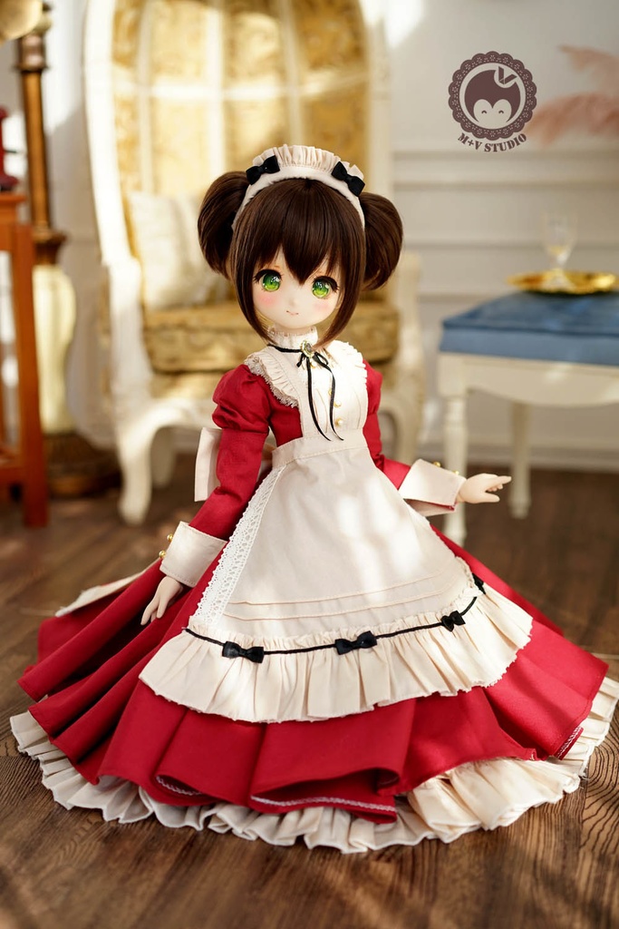 MDD S胸、M胸,MSD可愛いリボンメイド服5点セット★レッド(ロング)
