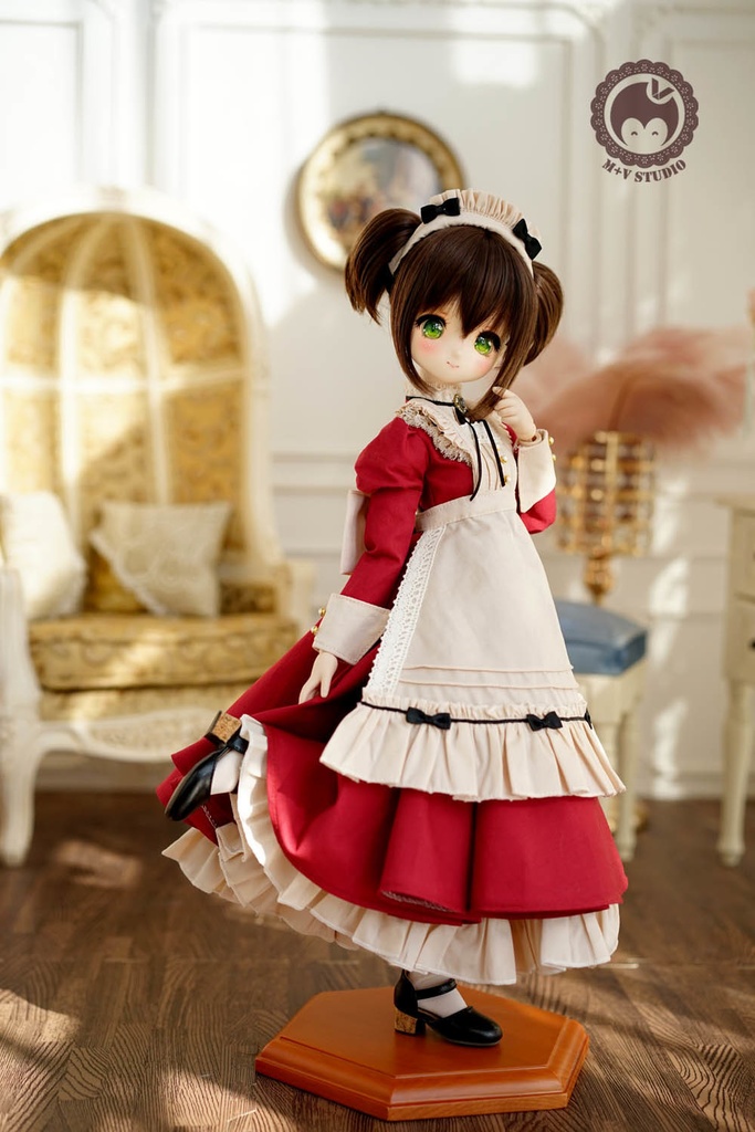 MDD S胸、M胸,MSD可愛いリボンメイド服5点セット★レッド(ロング)