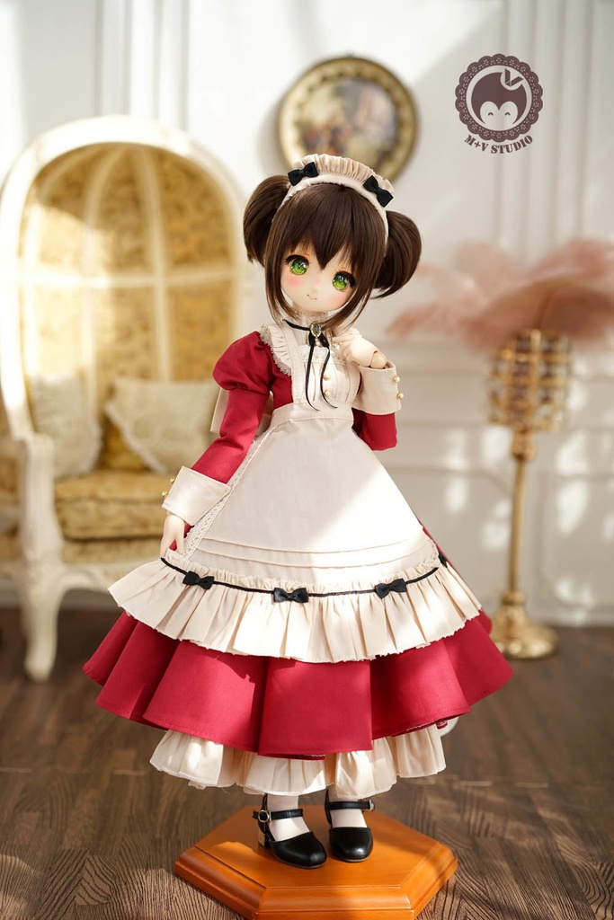 MDD S胸、M胸,MSD可愛いリボンメイド服5点セット★レッド(ロング)