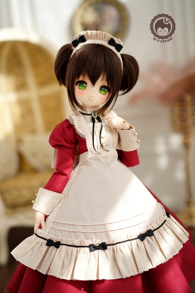 MDD S胸、M胸,MSD可愛いリボンメイド服5点セット★レッド(ロング)