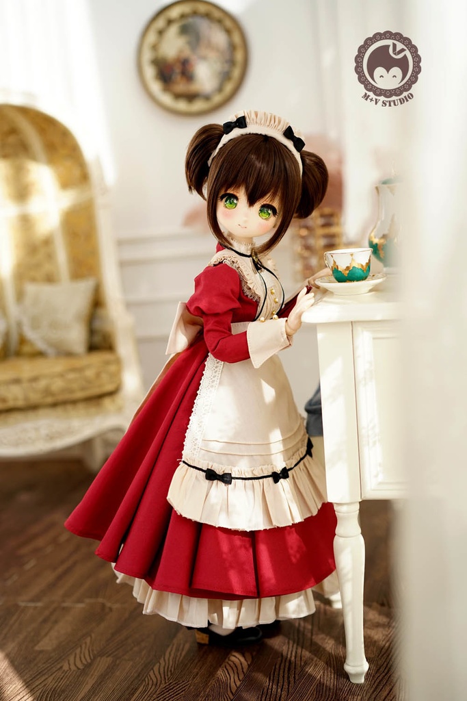 MDD S胸、M胸,MSD可愛いリボンメイド服5点セット★レッド(ロング)