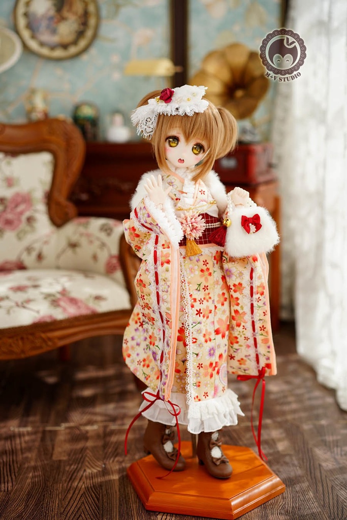 ★樱の舞★MSD、MDDさくら柄のレース付き お正月着物ドレス5点セット