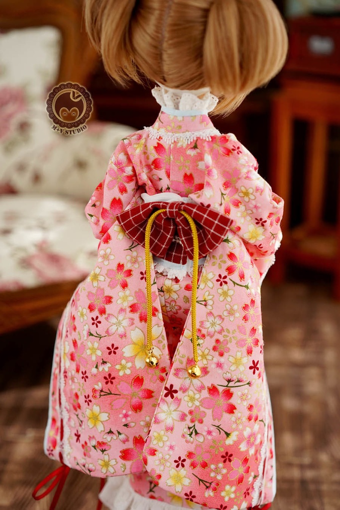 ★樱の舞★MSD、MDDさくら柄のレース付き お正月着物ドレス5点セット