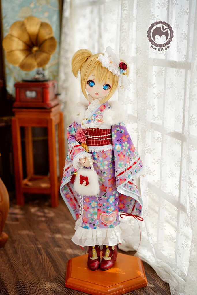 ★樱の舞★MSD、MDDさくら柄のレース付き お正月着物ドレス5点セット