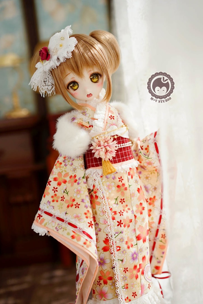 ★樱の舞★MSD、MDDさくら柄のレース付き お正月着物ドレス5点セット