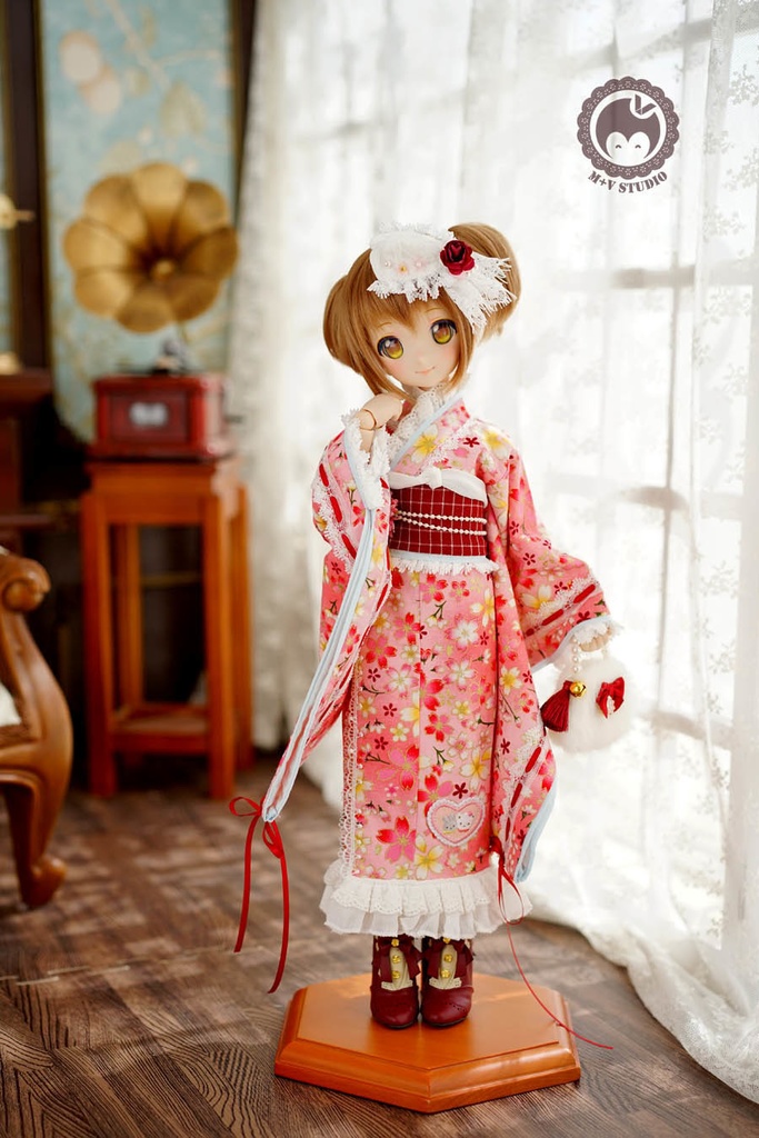 ★樱の舞★MSD、MDDさくら柄のレース付き お正月着物ドレス5点セット