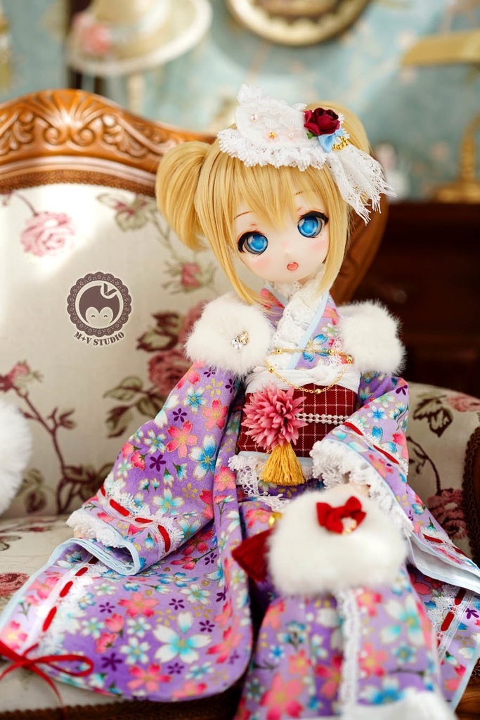 ★樱の舞★MSD、MDDさくら柄のレース付き お正月着物ドレス5点セット