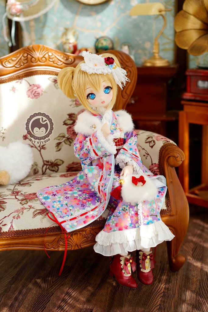 ★樱の舞★MSD、MDDさくら柄のレース付き お正月着物ドレス5点セット