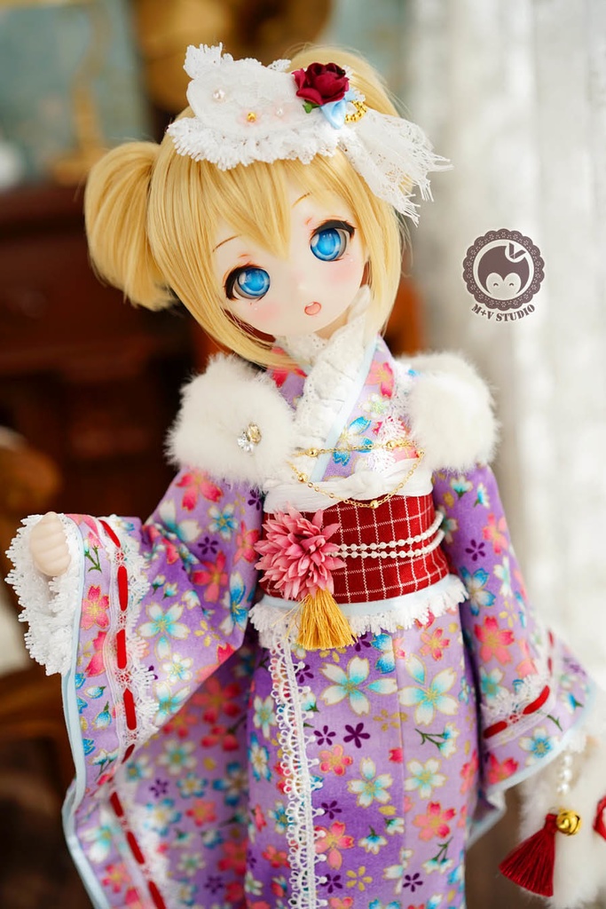 ★樱の舞★MSD、MDDさくら柄のレース付き お正月着物ドレス5点セット