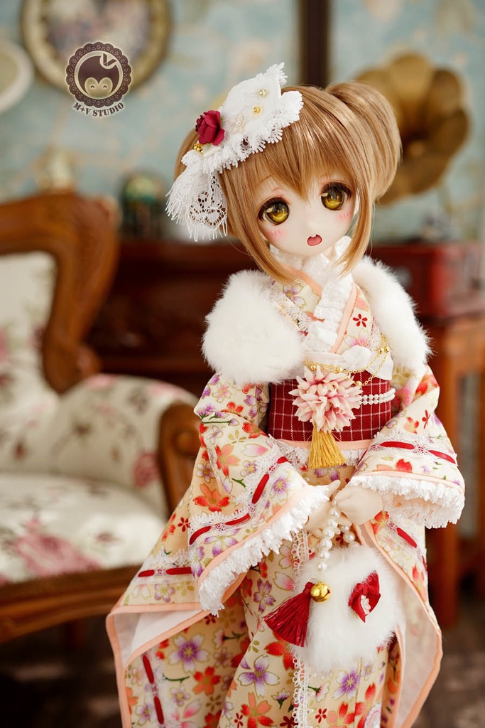 ★樱の舞★MSD、MDDさくら柄のレース付き お正月着物ドレス5点セット