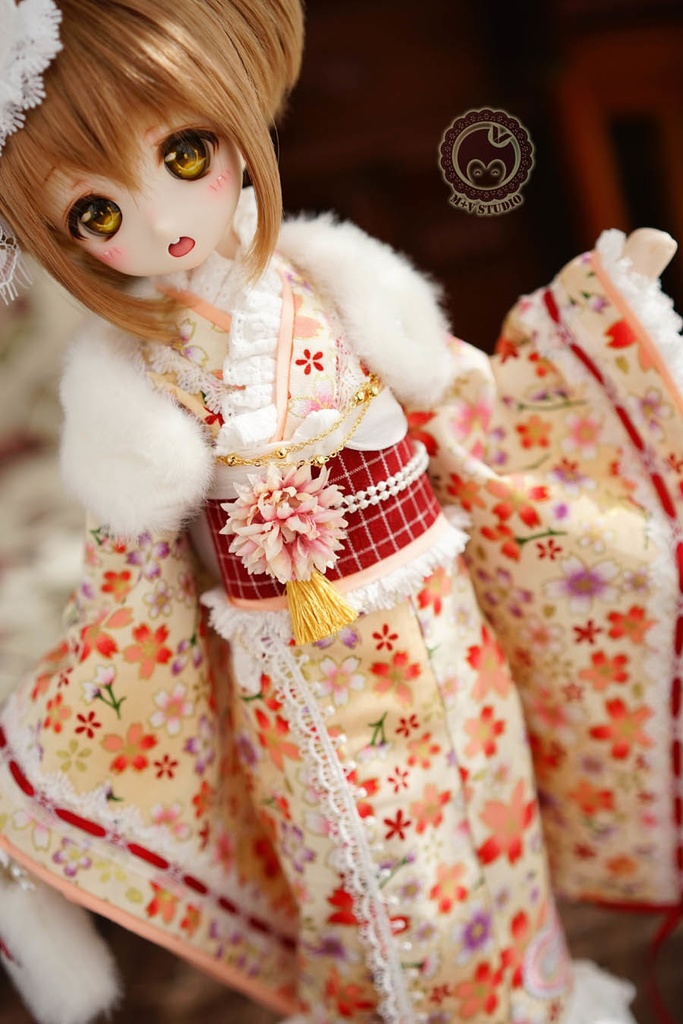 ★樱の舞★MSD、MDDさくら柄のレース付き お正月着物ドレス5点セット