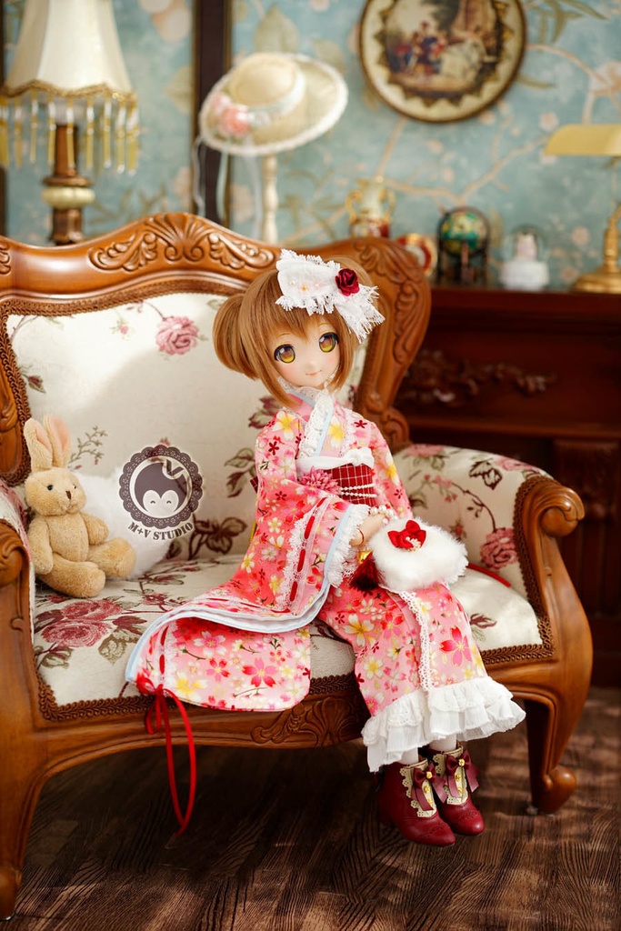 ★樱の舞★MSD、MDDさくら柄のレース付き お正月着物ドレス5点セット