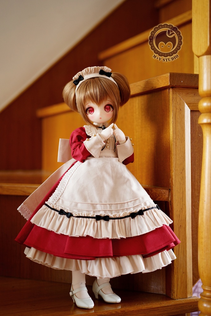 PUYOODOLL 可愛いリボンメイド服5点セット黒/ 赤