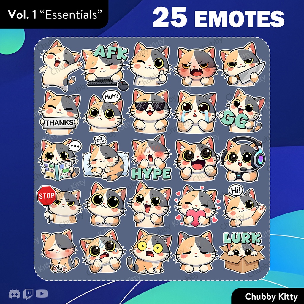 🐱 Chubby Kitty Vol. 1 Essentials - 25 Cute Cat Emotes for Twitch/Discord/Youtube
