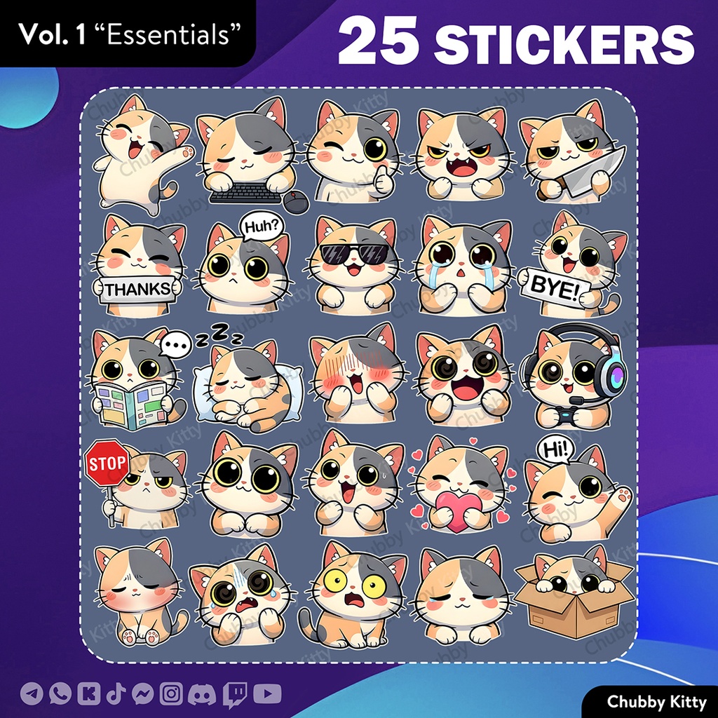 🐱 Chubby Kitty Vol. 1 Essentials - 25 Cute Cat Stickers for asset design, streams, chats, and communities