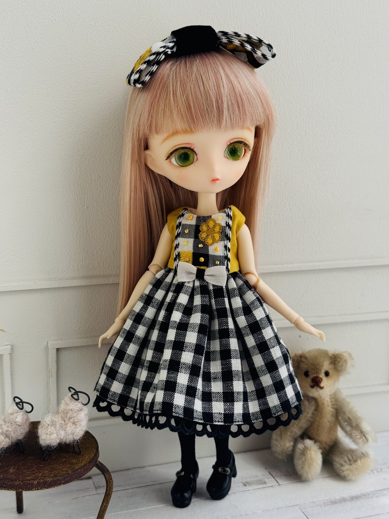 ギンガムチェックワンピース+ヘアリボン