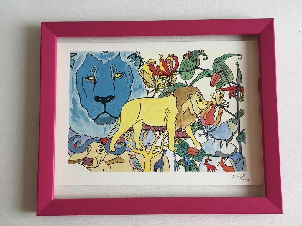 ライオン イラストA4サイズ ピンク色のフレーム付き