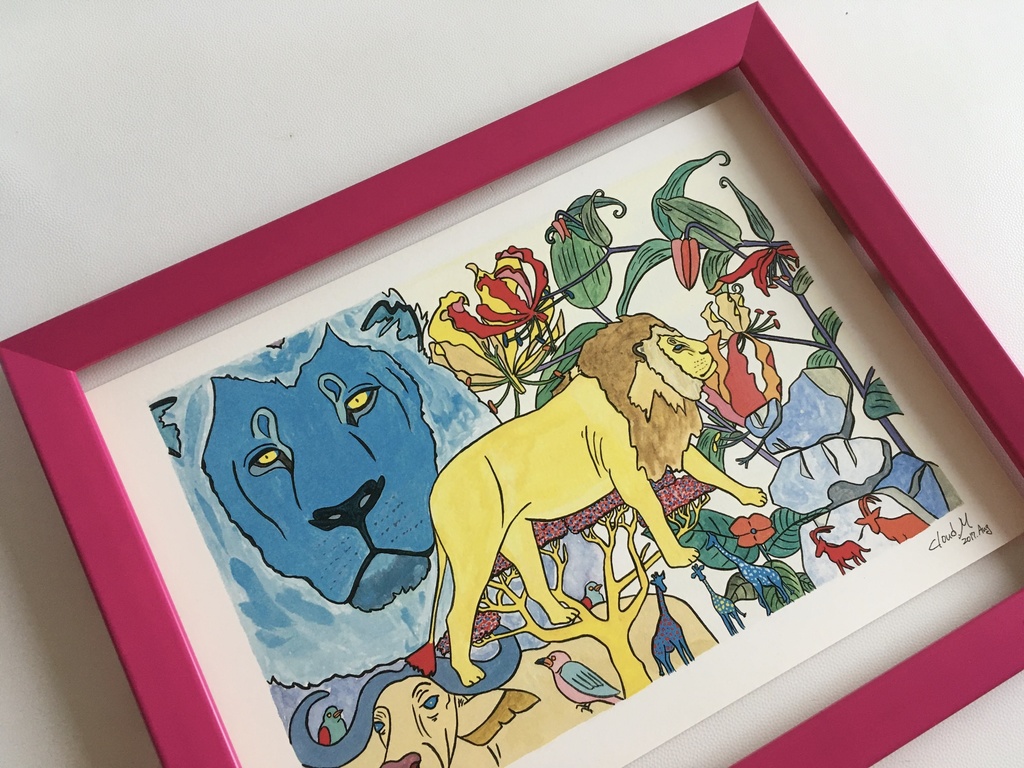 ライオン イラストA4サイズ ピンク色のフレーム付き