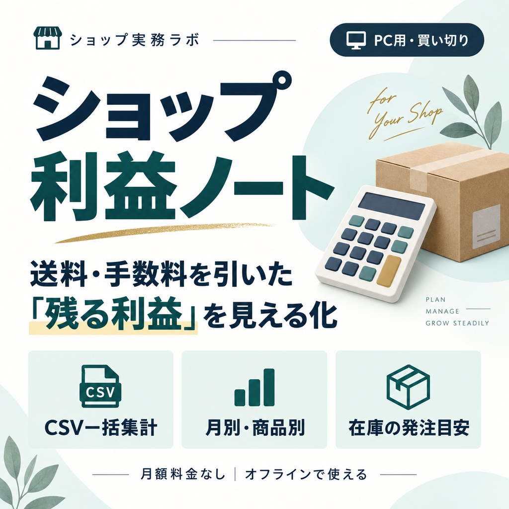   ショップ利益ノート｜送料・手数料込みの利益集計＆在庫の発注目安【PC用・買い切り】
