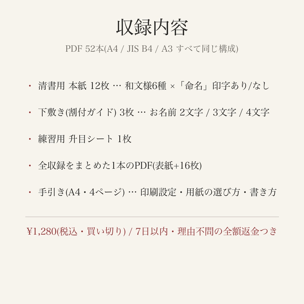 命名書 手書きキット — 名前が入っていない、自分の手で書くための命名書用紙(A4/B4/A3・和文様6種)