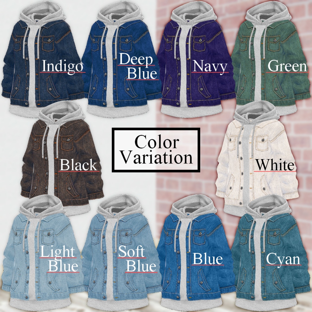 無料【VRoid】DenimJacket For Hoodie 10color デニムジャケット×パーカー【テクスチャ】