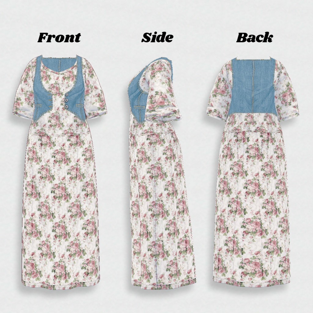 無料【VRoid】DenimVest×FloralDress デニムベスト×花柄ワンピース【テクスチャ】