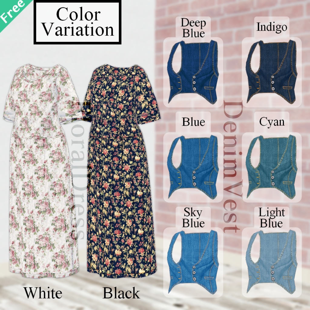 無料【VRoid】DenimVest×FloralDress デニムベスト×花柄ワンピース【テクスチャ】