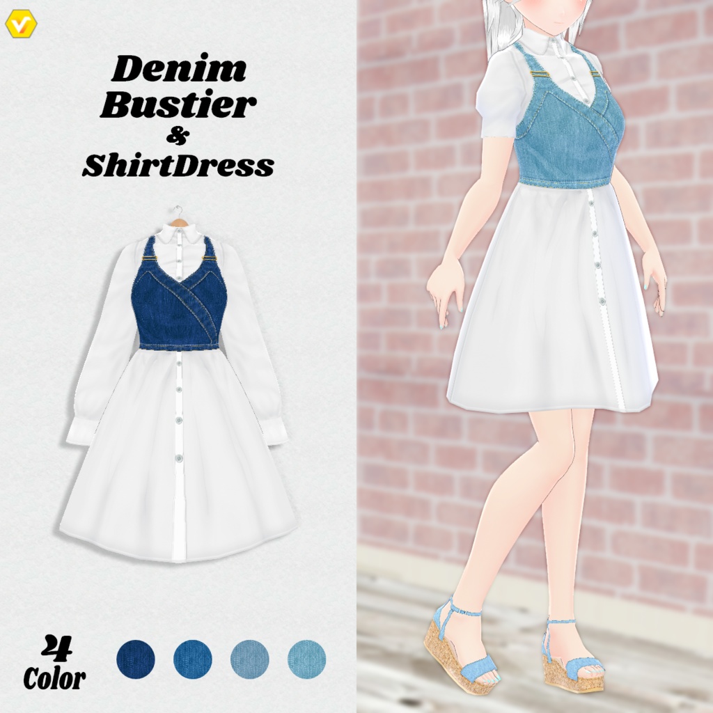 無料【VRoid】DenimBustier&ShirtDress 4color デニムビスチェ&白ワンピース【テクスチャ】Free
