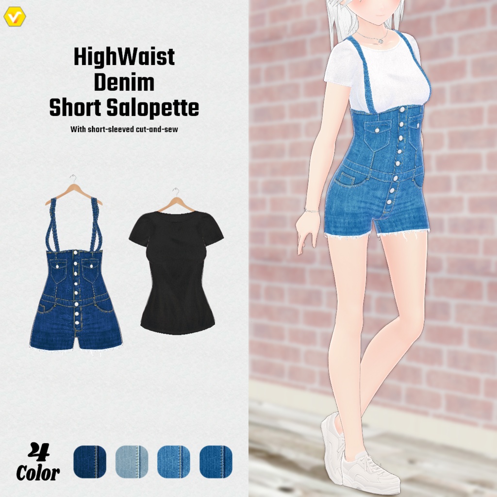 【VRoid】HighWaist Denim Short Salopette 4color ハイウエスト デニム ショートサロペット 【テクスチャ】