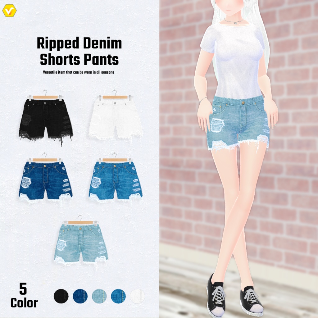 【VRoid】Ripped Denim Shorts Pants 5Color ダメージデニム　ショートパンツ【テクスチャ】