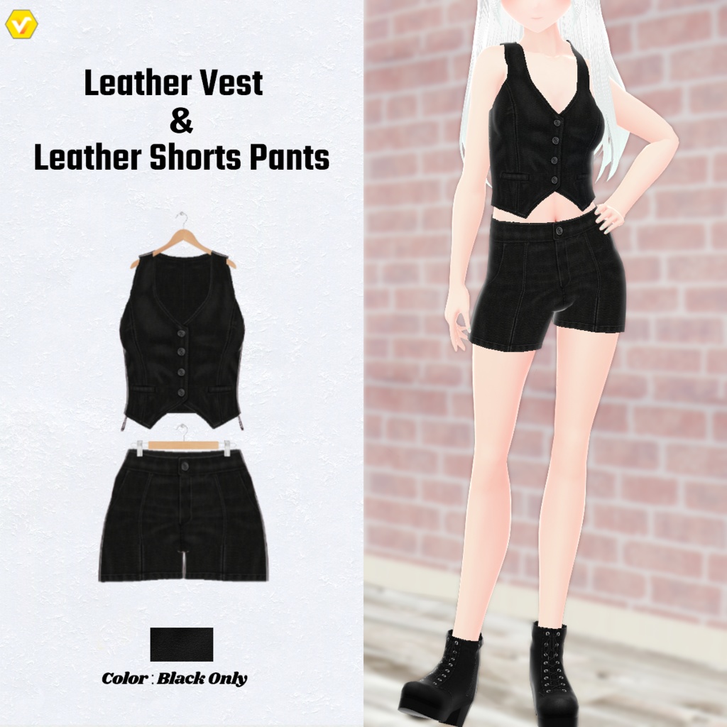 【VRoid】Leather Vest＆Leather Short Pants Black-only レザーベスト＆レザーショートパンツ【テクスチャ】