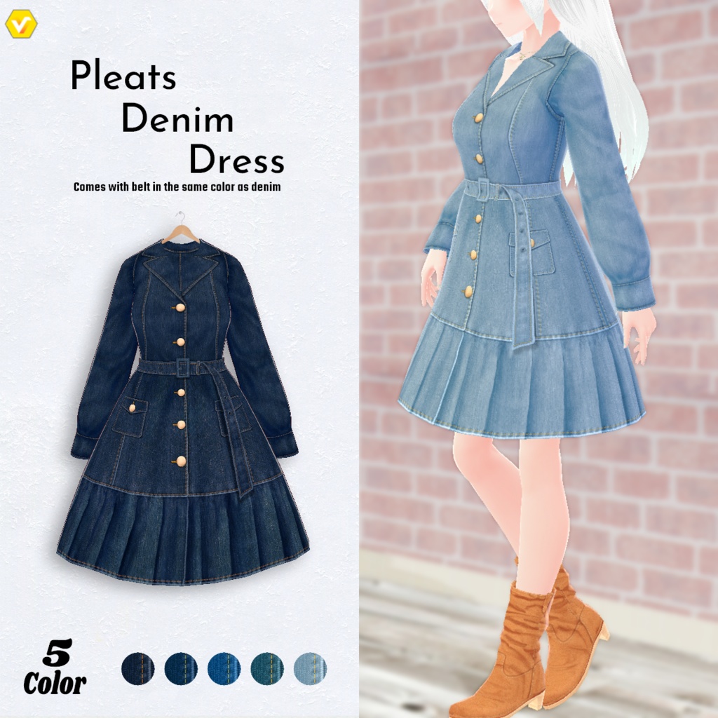 【VRoid】 Pleats Denim Dress 5Color プリーツデニムワンピース【テクスチャ】