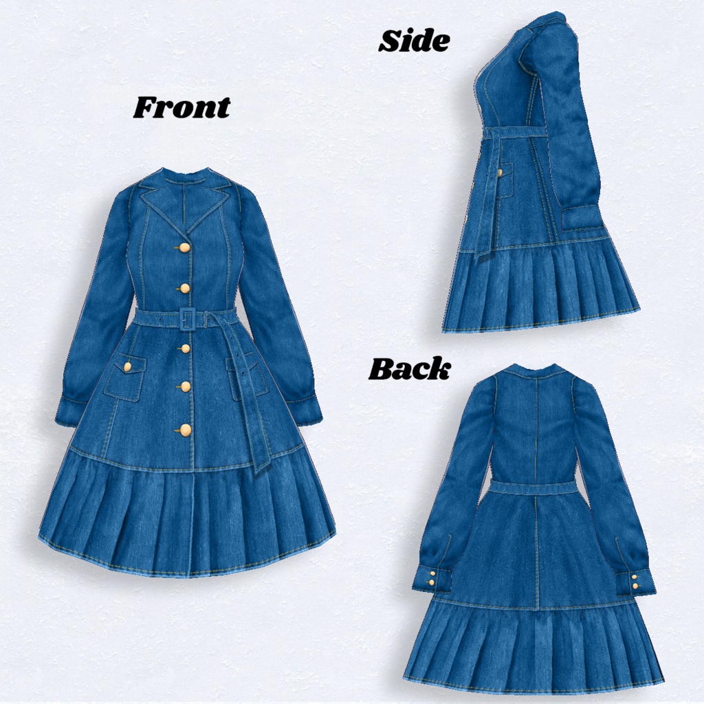 【VRoid】 Pleats Denim Dress 5Color プリーツデニムワンピース【テクスチャ】