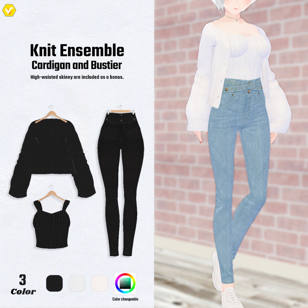 【VRoid】Knit Ensemble-Cardigan and Bustier 3Color ニットアンサンブル 【テクスチャ】